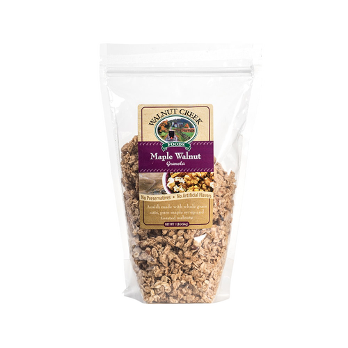 Clear resealable bag of handcrafted Amish-made granola with whole grain oats, maple syrup, and toasted walnuts, made in USA for Kitchen & Food, Snacks and Sweets, and Dry Goods collections.