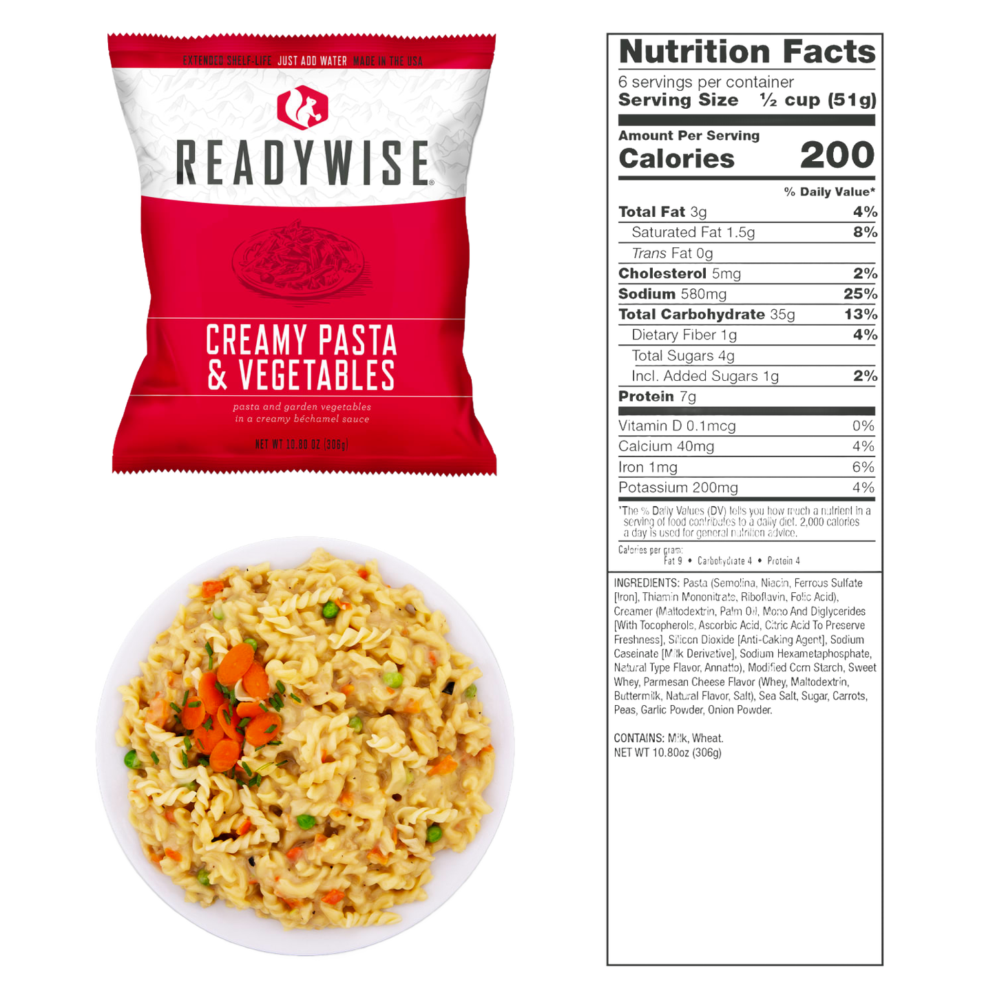 ReadyWise creamy pasta and vegetables meal pouch with prepared creamy pasta and garden vegetables on white plate, featuring nutrition facts panel, USA made emergency food supply.