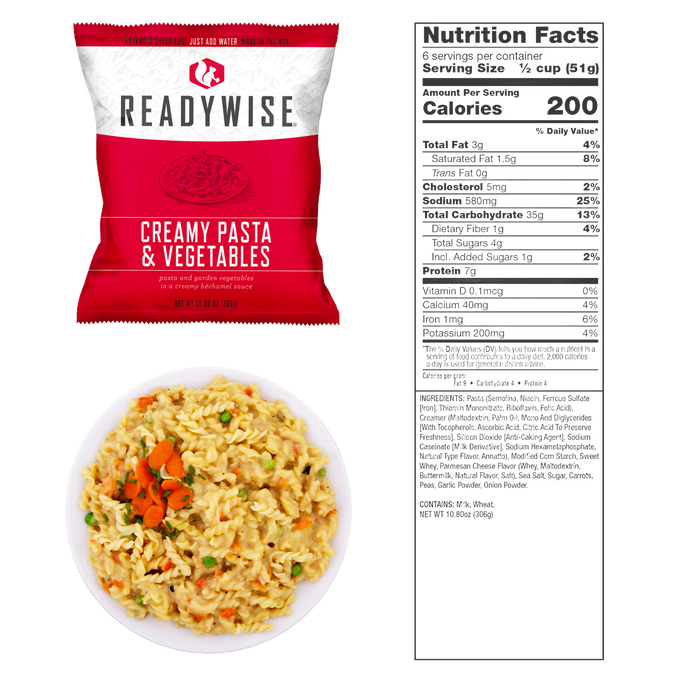 ReadyWise creamy pasta and vegetables meal pouch with prepared creamy pasta and garden vegetables on white plate, featuring nutrition facts panel, USA made emergency food supply.