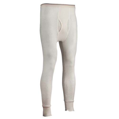 Handcrafted men's traditional long johns pants in natural off-white with circular waffle knit, designed for warmth in cold weather, featured in Health & Wellness, Best Sellers, and Promo Eligible collections.