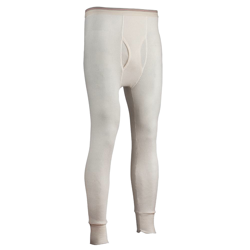 Handcrafted men's traditional long johns pants in natural off-white with circular waffle knit, designed for warmth in cold weather, featured in Health & Wellness, Best Sellers, and Promo Eligible collections.