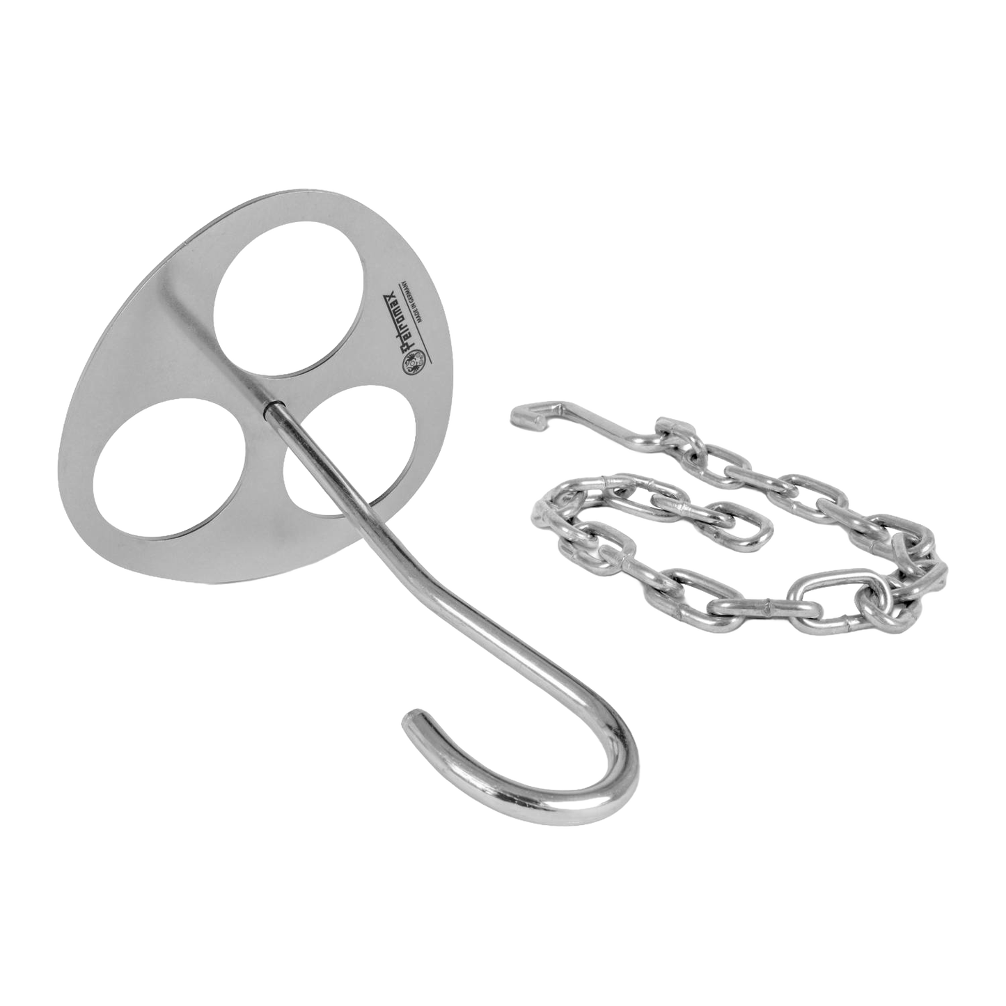 Lightweight stainless steel lashing disc with attached hook and chain for building branch tripods, ideal for outdoor use in Camping, Farm, Garden & Tool, Best Sellers, and Promo Eligible collections.