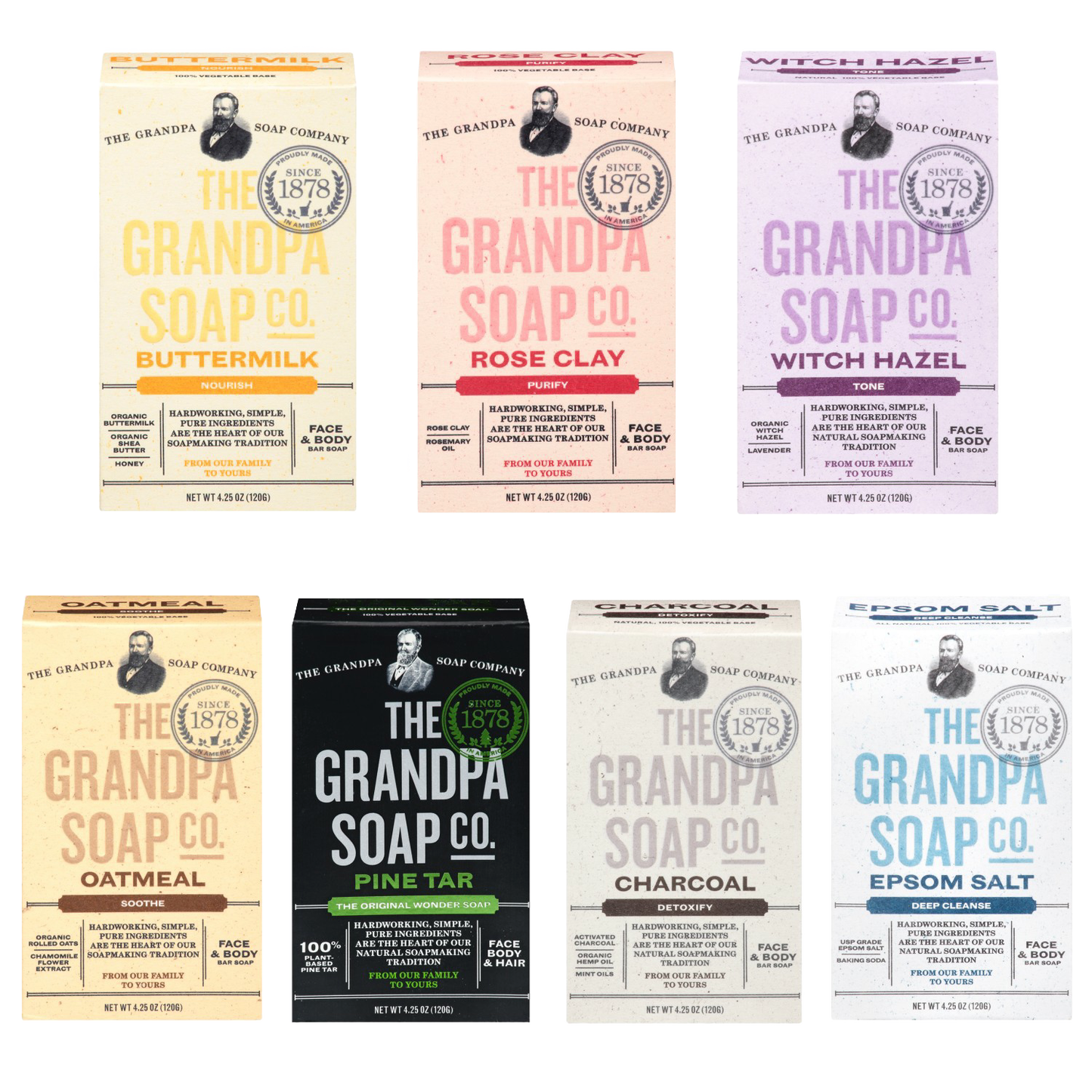Seven bars of handcrafted soap in individual vintage-style boxes labeled Buttermilk, Rose Clay, Witch Hazel, Oatmeal, Pine Tar, Charcoal, and Epsom Salt, ideal for Health & Wellness, Grooming and Personal Hygiene, Soaps and Soapmaking, USA Made, Best Sellers, and Promo Eligible collections.