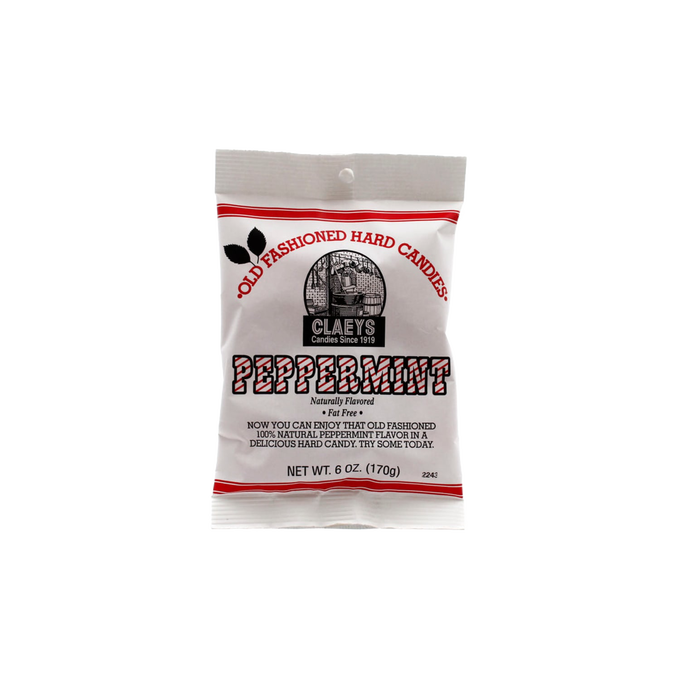 White bag of handcrafted peppermint flavored old-fashioned hard candies, naturally flavored and fat free, made in USA, ideal for Kitchen & Food, Snacks and Sweets, USA Made, Best Sellers, and Promo Eligible collections.