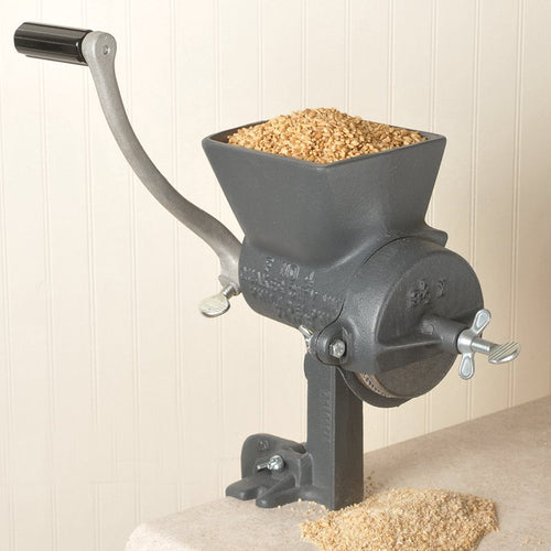 Handcrafted heavy-duty grain mill made in USA with sturdy cast iron construction, adjustable for coarse to fine grind, ideal for Kitchen & Food, Grain Mills, and Bread Making Supplies collections.