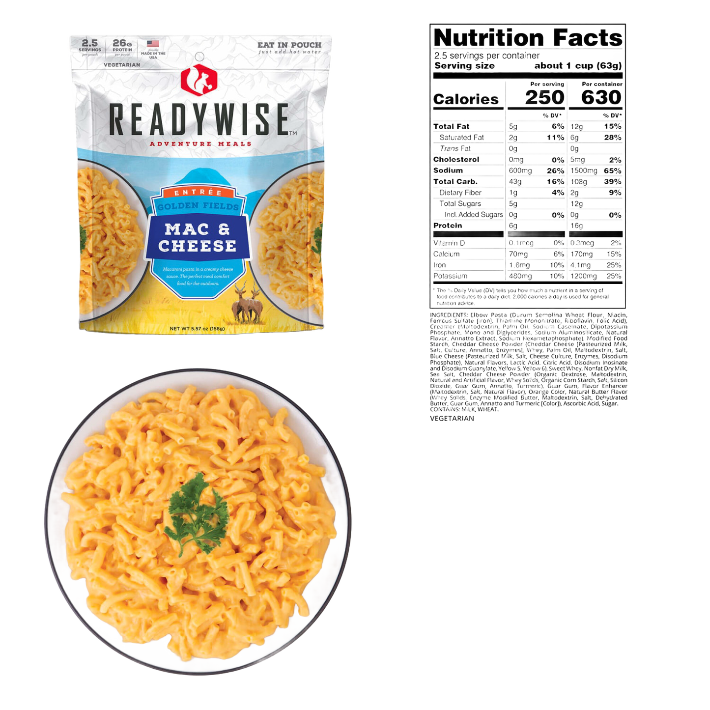 ReadyWise Mac & Cheese entree packet with nutritional information and a plated serving garnished with parsley, suitable for Camping, Emergency Supplies, USA Made, Best Sellers, and Farm, Garden & Tool collections.