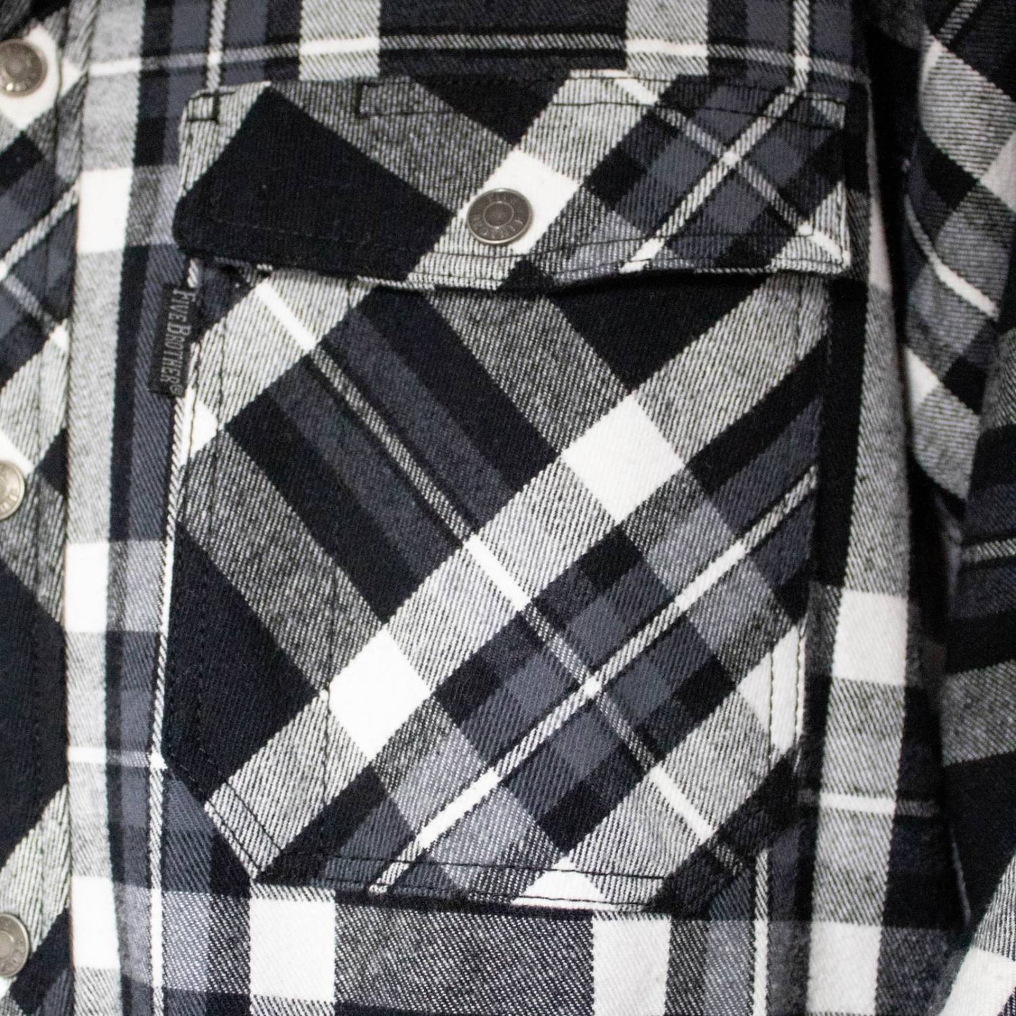 Detailed close-up of a handcrafted black and white plaid flannel pocket with a branded snap button, featured in Health & Wellness and Clothing and Accessories collections.