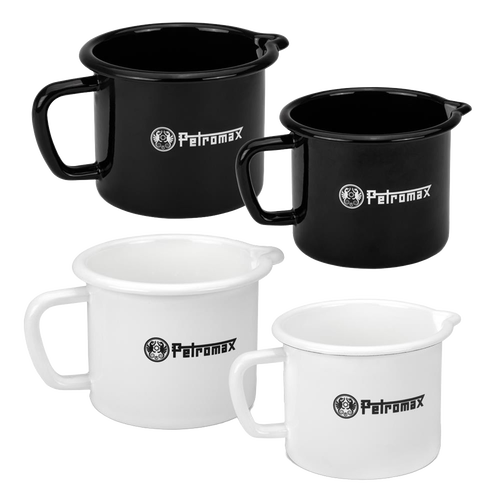 Set of black and white enamel steel milk pots with durable handles and pour spouts, handcrafted for lightweight, reliable use in Farm, Garden & Tool, Kitchen & Food, Camping, Cookware, Pots and Pans, Best Sellers, and Promo Eligible collections.