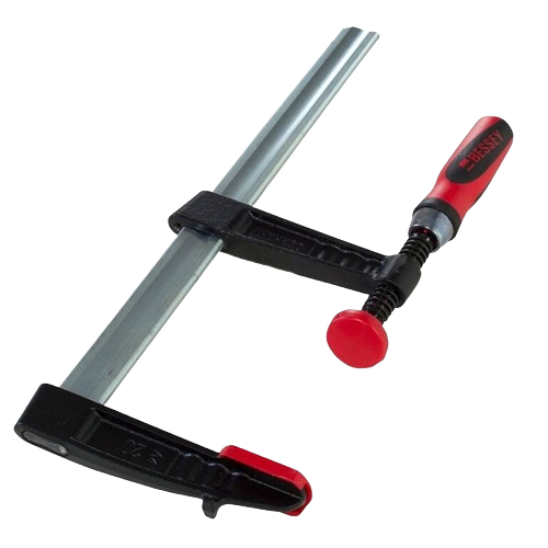 Heavy-duty Bessey brand bar clamp with black metal frame, red plastic handle and pressure foot, designed for woodworking and metalworking projects.