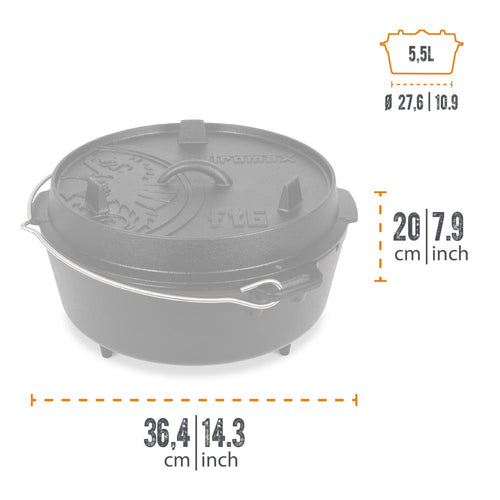 Black cast iron Dutch oven with three legs featuring a decorative embossed lid and sturdy bail handle, ideal for versatile cooking in Kitchen & Food, Cookware, Cast Iron, Best Sellers, Promo Eligible collections.
