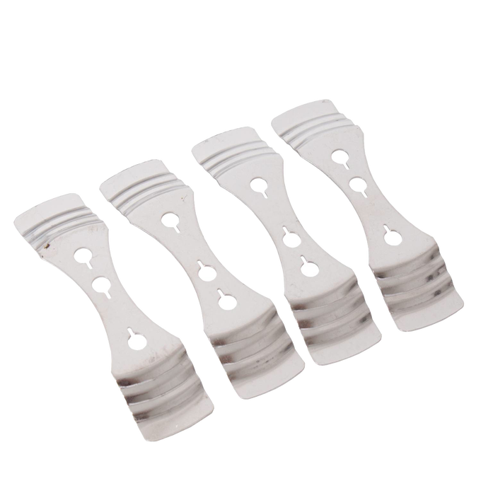Set of four polished metal wick centering tools with double-ended curved edges and cutout holes, designed for precise candle wick placement in candlemaking supplies collections.