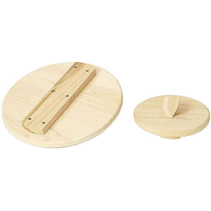 Set of two handcrafted unfinished poplar wooden lids for fermenting crocks, featuring smooth surfaces and support bars, ideal for Kitchen & Food, Food Preservation, and Fermenting and Pickling collections.