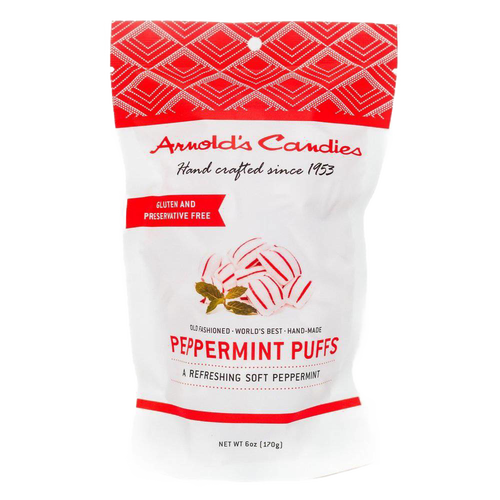 Handcrafted peppermint puffs in a red and white bag, gluten and preservative free, made in the USA, ideal for Kitchen & Food, Snacks and Sweets, USA Made, Best Sellers, and Promo Eligible collections.