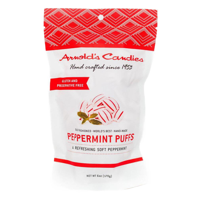 Handcrafted peppermint puffs in a red and white bag, gluten and preservative free, made in the USA, ideal for Kitchen & Food, Snacks and Sweets, USA Made, Best Sellers, and Promo Eligible collections.
