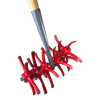 Close-up of a red curved chisel tine cultivator attachment with a wooden handle, designed for soil tilling and weed removal in farm, garden, and cultivating tool collections.