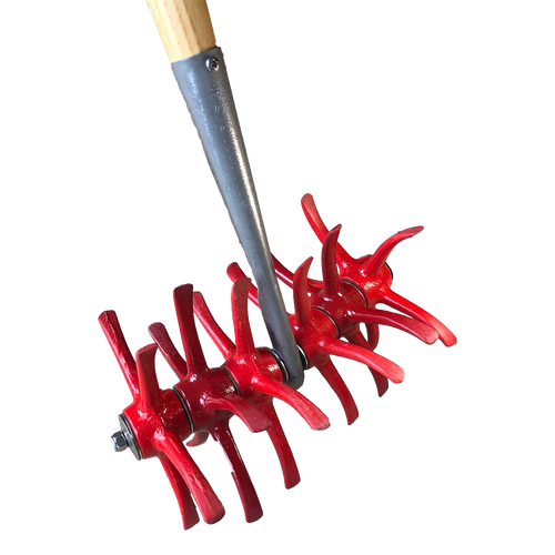 Close-up of a red curved chisel tine cultivator attachment with a wooden handle, designed for soil tilling and weed removal in farm, garden, and cultivating tool collections.