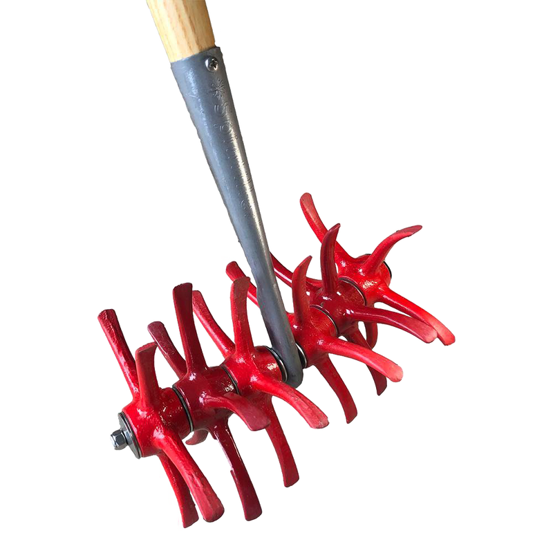 Close-up of a red curved chisel tine cultivator attachment with a wooden handle, designed for soil tilling and weed removal in farm, garden, and cultivating tool collections.