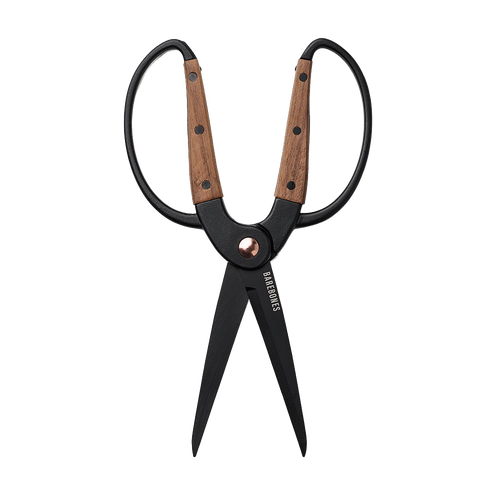 Gardening scissors with rust-resistant steel blades and wide walnut handles, designed for comfortable use with gloves, part of Farm, Garden & Tool and Garden Accessories collections.