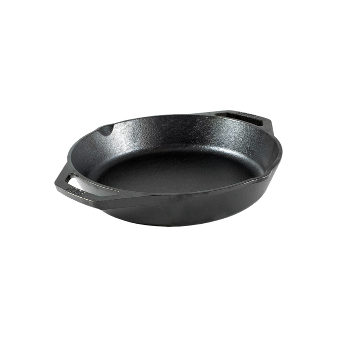 Handcrafted round cast iron pan with short side handles and a spout for easy pouring, suitable for versatile cooking, featured in Kitchen & Food, Cookware, Cast Iron, Best Sellers, Promo Eligible collections.