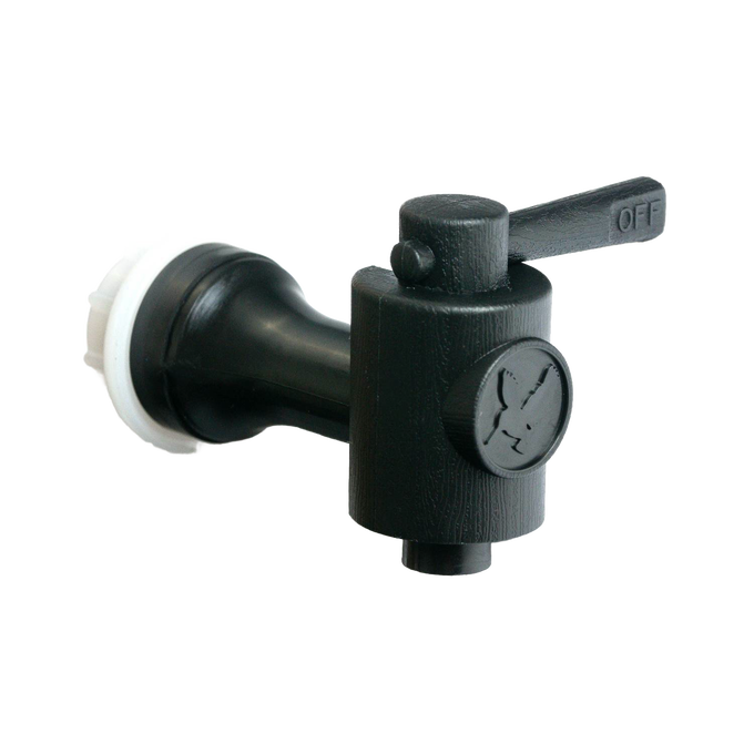 Handcrafted black plastic replacement tap designed for gravity water filters, suitable for emergency supplies and water treatment collections.