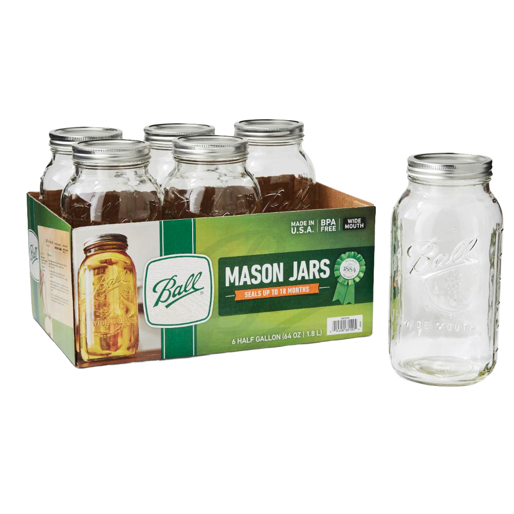 Set of six clear wide-mouth half-gallon glass canning jars with metal lids and bands, made in USA, designed for food preservation and kitchen use in best sellers collection.