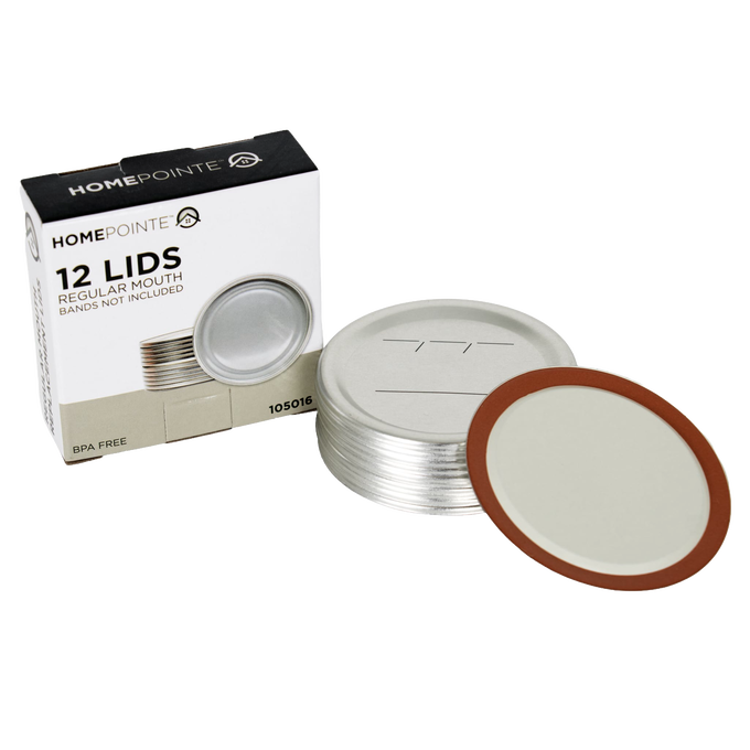 Set of twelve silver-toned canning lids with brown BPA-free sealing compound rings and simple labeling lines, suitable for Kitchen & Food, Food Preservation, Canning, and Best Sellers collections.