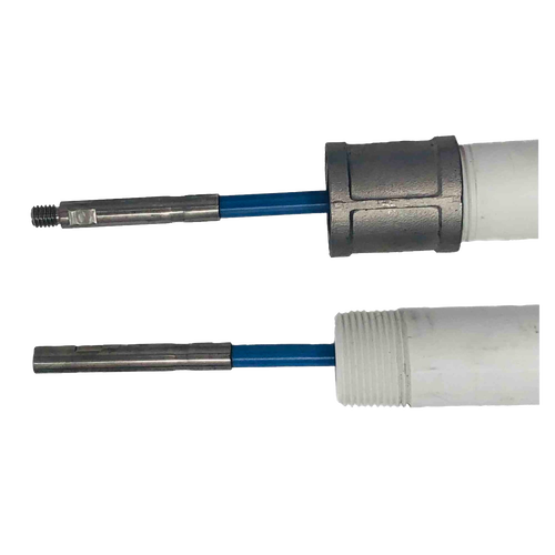 Close-up of two metal drop pipe lift rod connections attached to white PVC pipes, handcrafted and made in USA, suitable for deep well pumps, water pumps, and pump parts collections.