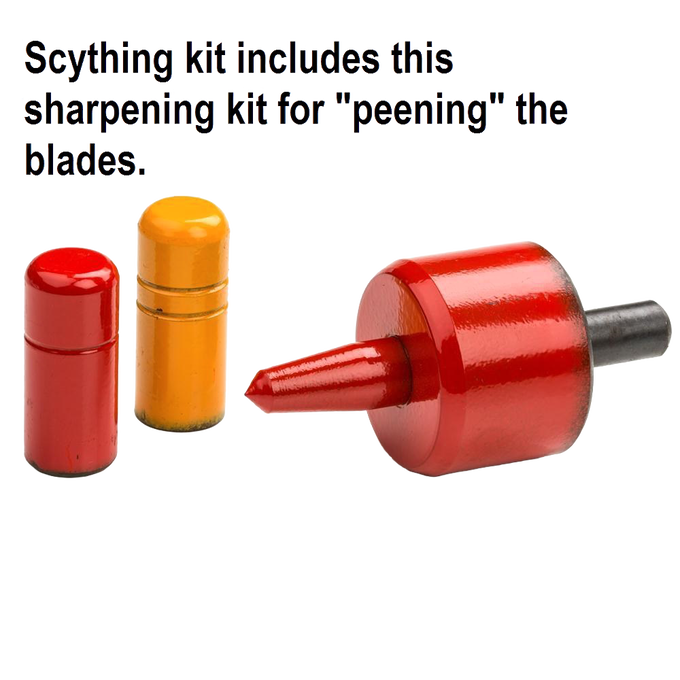 Close-up of a bright red and yellow vintage-style sharpening kit for farming scythes, featured in Farm, Garden & Tool, Lawncare, Best Sellers, and Promo Eligible collections.