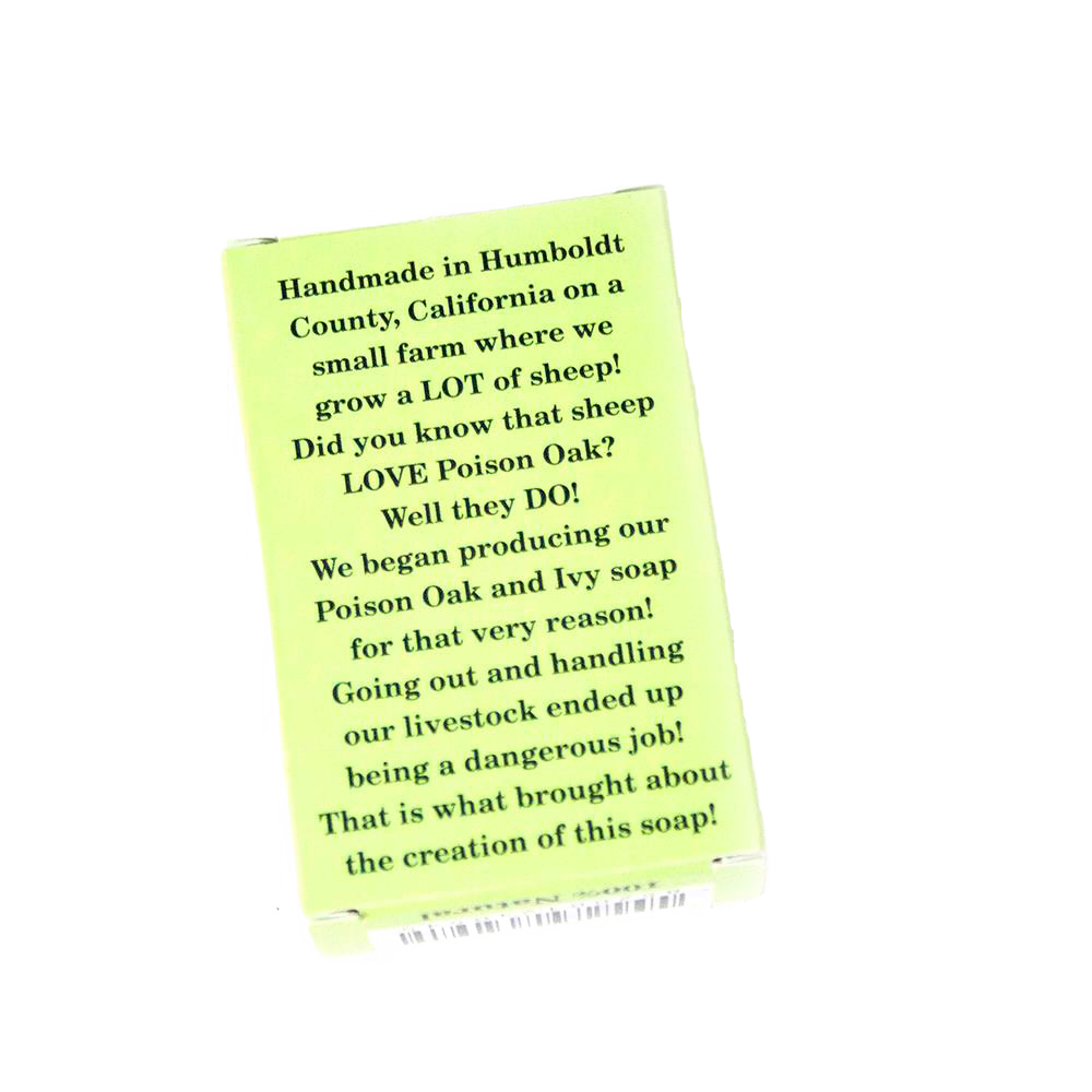 Pale green soap box with black text detailing handmade soap crafted on a Humboldt County farm for soothing poison oak and ivy irritation, featured in Health & Wellness, Soaps, USA Made, Best Sellers, and Promo Eligible collections.