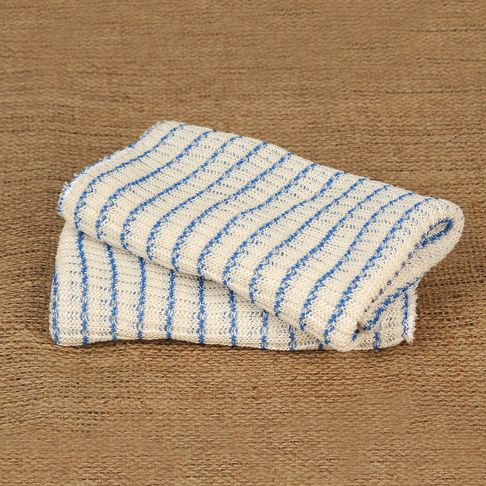 Pair of thick, absorbent double-layer dishcloths with blue stripes, handcrafted in the USA, ideal for Kitchen & Food, Kitchen Textiles, USA Made, and Best Sellers collections.