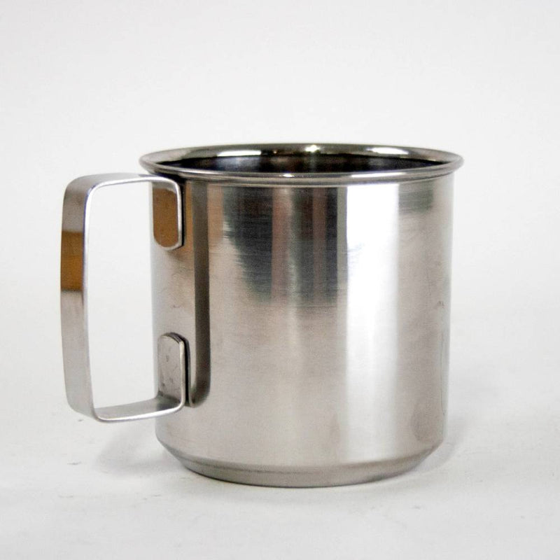 Single stainless steel cup with seamless construction and a sturdy handle, suitable for camping, kitchen use, and outdoor activities in Farm, Garden & Tool and Dinnerware collections.
