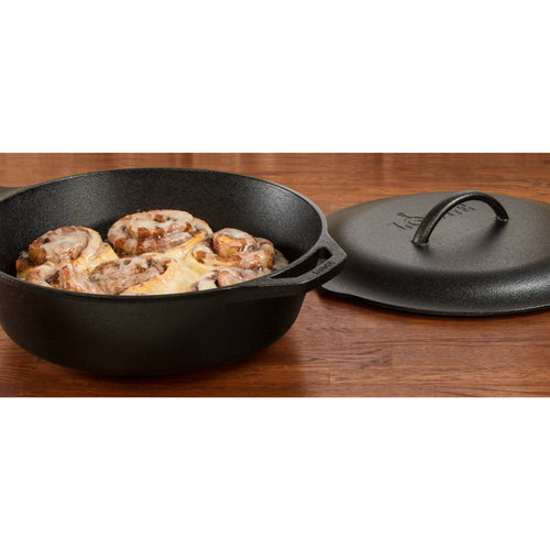 Extra deep cast iron pan with lid featuring self-basting nubs, shown with freshly baked cinnamon rolls, ideal for versatile cooking in kitchen and food, cast iron, and cookware collections.