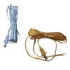 Two bundles of transparent electric cords, one amber and one clear, equipped with connectors for converting lanterns into electric lights, suited for emergency and parts collections.