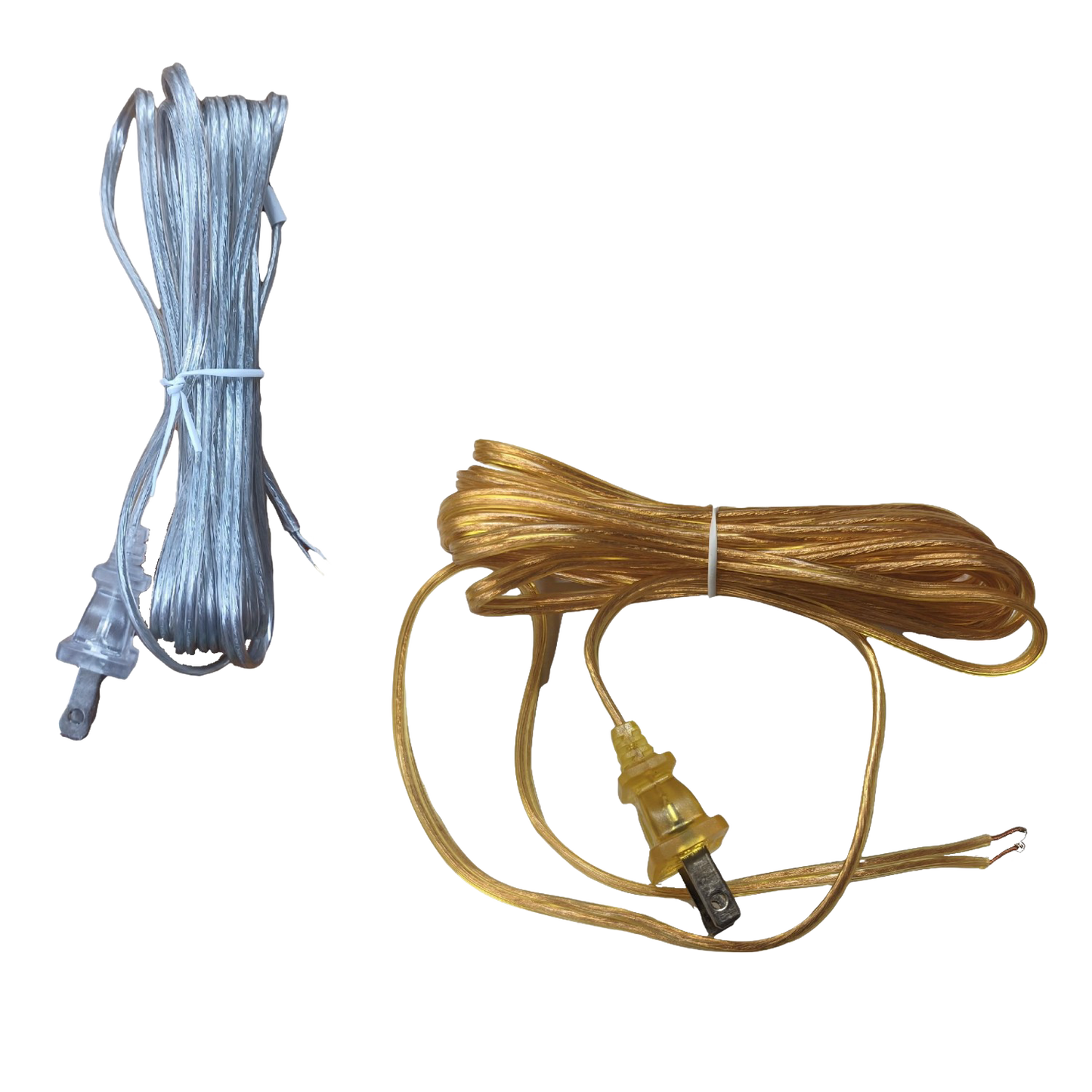 Two bundles of transparent electric cords, one amber and one clear, equipped with connectors for converting lanterns into electric lights, suited for emergency and parts collections.
