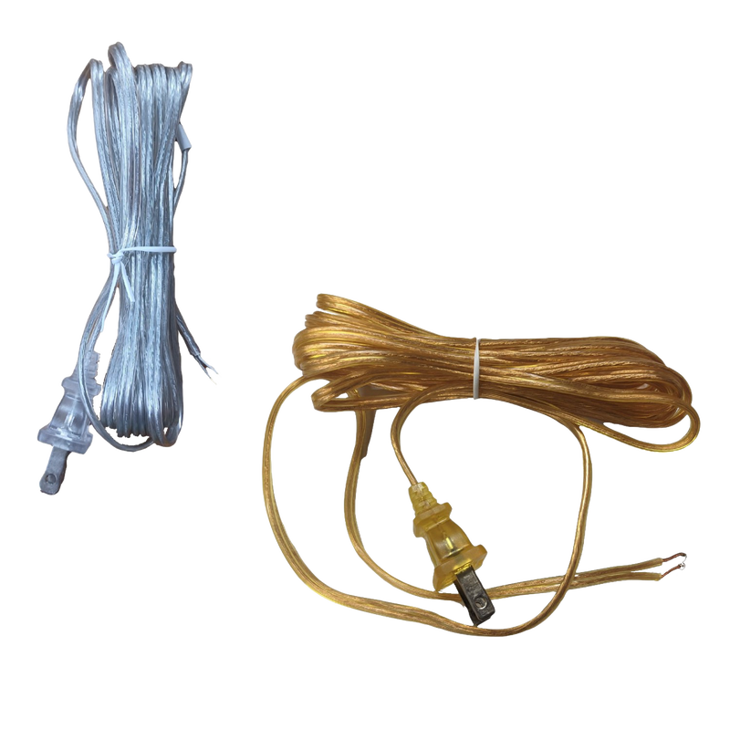 Two bundles of transparent electric cords, one amber and one clear, equipped with connectors for converting lanterns into electric lights, suited for emergency and parts collections.