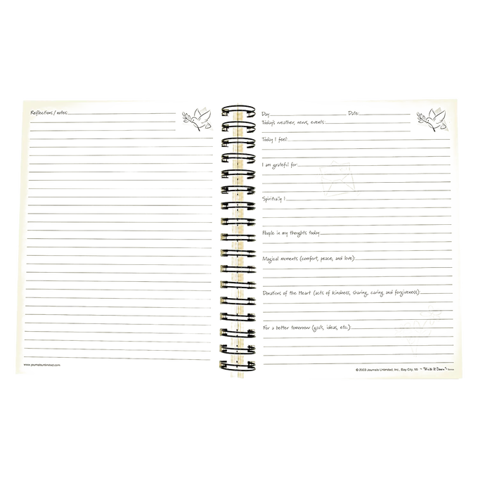 Open spiral-bound guided journal with handwritten gratitude prompts and floral illustrations, designed to inspire mindful reflection, featured in Toys, Books & Games and Heritage and Lifestyle Books collections.