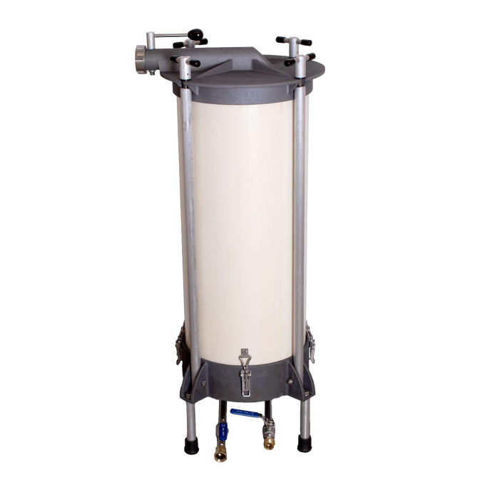 High-capacity water-powered sausage stuffer with sturdy metal frame and cylindrical chamber, handcrafted and Amish made, ideal for Kitchen & Food, Specialty Equipment, and Butchering Supplies collections.