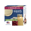 Box of twelve regular mouth canning jar lids with a gold-tone finish, featuring a durable seal and designed in the USA for food preservation in kitchen and canning collections.