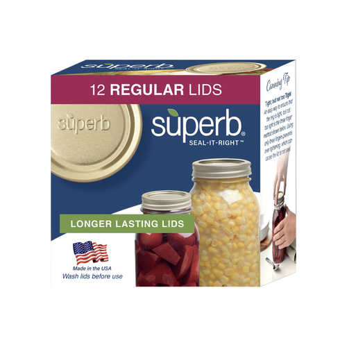 Box of twelve regular mouth canning jar lids with a gold-tone finish, featuring a durable seal and designed in the USA for food preservation in kitchen and canning collections.