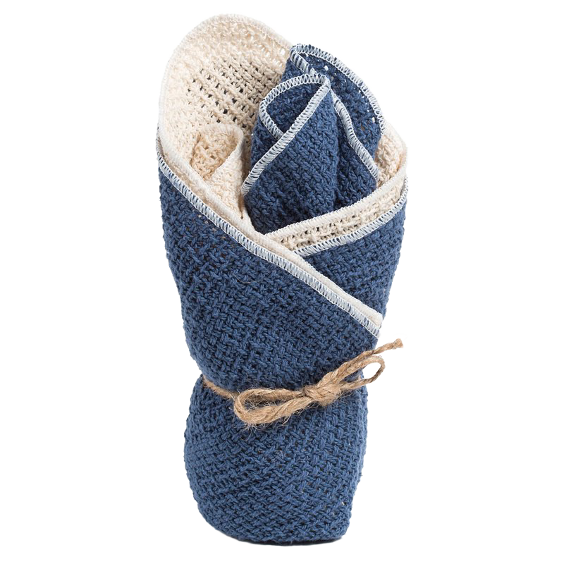 Set of four pre-shrunk 100% cotton dishcloths in natural cream and navy blue tones, tied with rustic twine, perfect for Kitchen & Food, Kitchen Textiles, USA Made, and Best Sellers collections.
