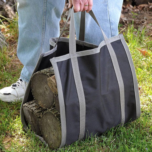 Handcrafted nylon canvas firewood carrier with heavy-duty gray straps, made in USA, designed for easy hauling of logs, ideal for Farm, Garden & Tool, Stoves, and Hearth Accessories collections.