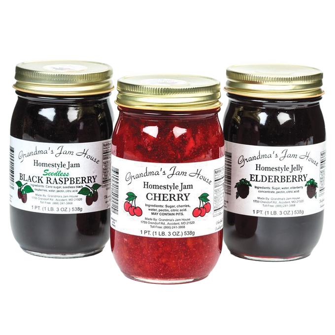 Unique handcrafted jars of seedless black raspberry jam, cherry jam, and elderberry jelly with gold lids and white labels, made in USA, suitable for Kitchen & Food, Pantry, Peanut Butter & Jellies, USA Made, Best Sellers, and Promo Eligible collections.