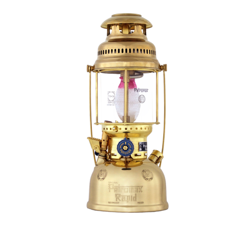 Antique-style brass pressure lamp with clear glass globe and blue adjustment knob, handcrafted for use in Lamps & Lighting, Parts and Accessories, and Best Sellers collections.