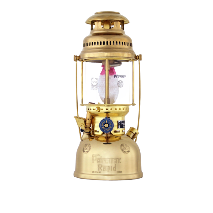 Antique-style brass pressure lamp with clear glass globe and blue adjustment knob, handcrafted for use in Lamps & Lighting, Parts and Accessories, and Best Sellers collections.