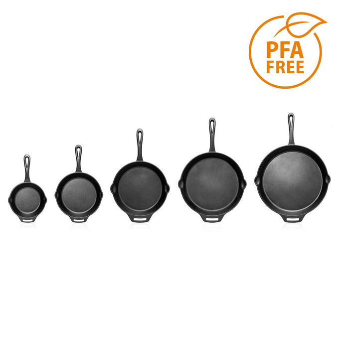Set of five cast iron skillets in graduated sizes with long handles and pouring spouts, crafted for versatile use indoors and outdoors, perfect for Camping, Kitchen & Food, Cookware, Cast Iron, Farm, Garden & Tool, and Best Sellers collections.