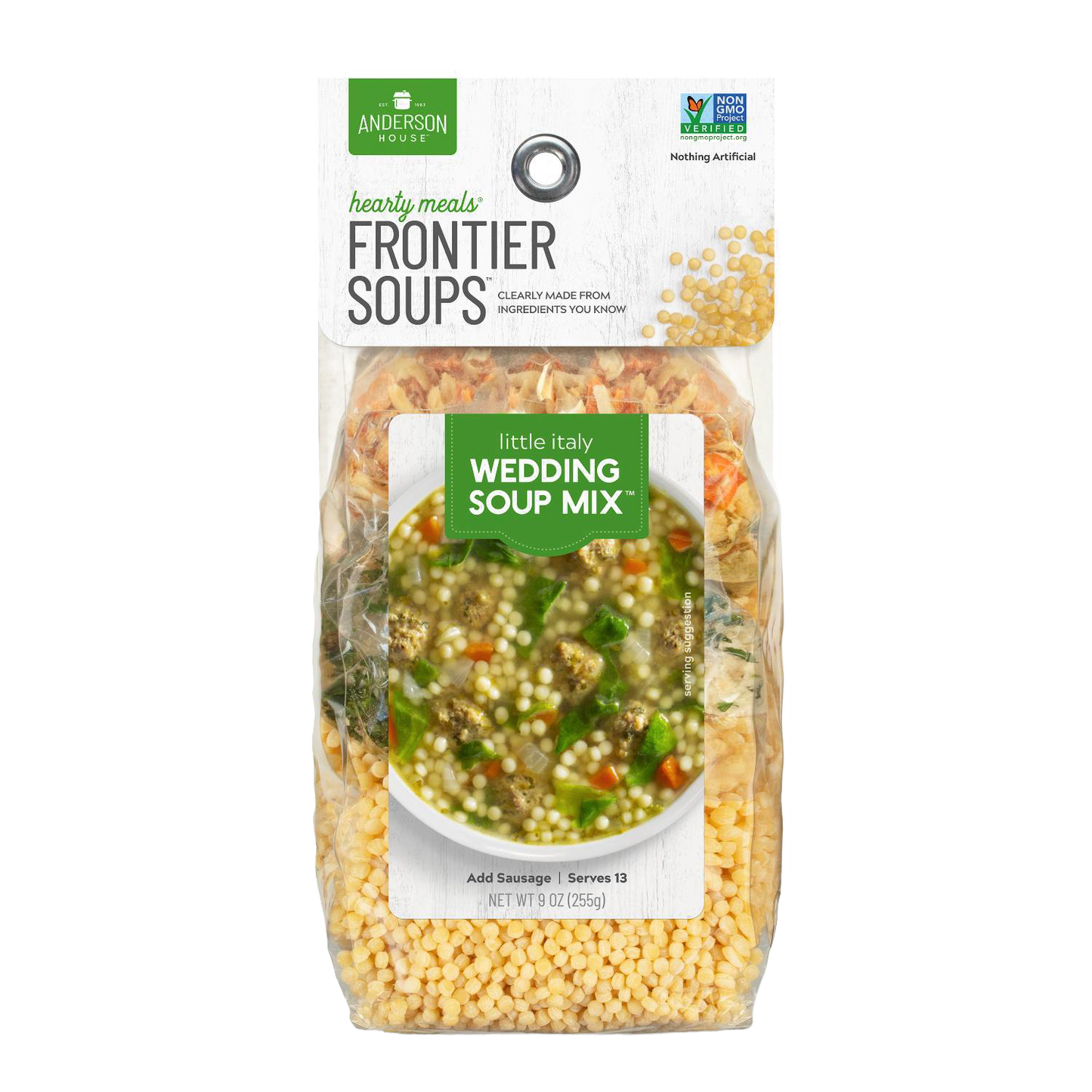 Clear plastic pouch of handcrafted dry soup mix featuring yellow lentils and vegetable ingredients, labeled for Kitchen & Food, Pantry, Soups, and USA Made collections.