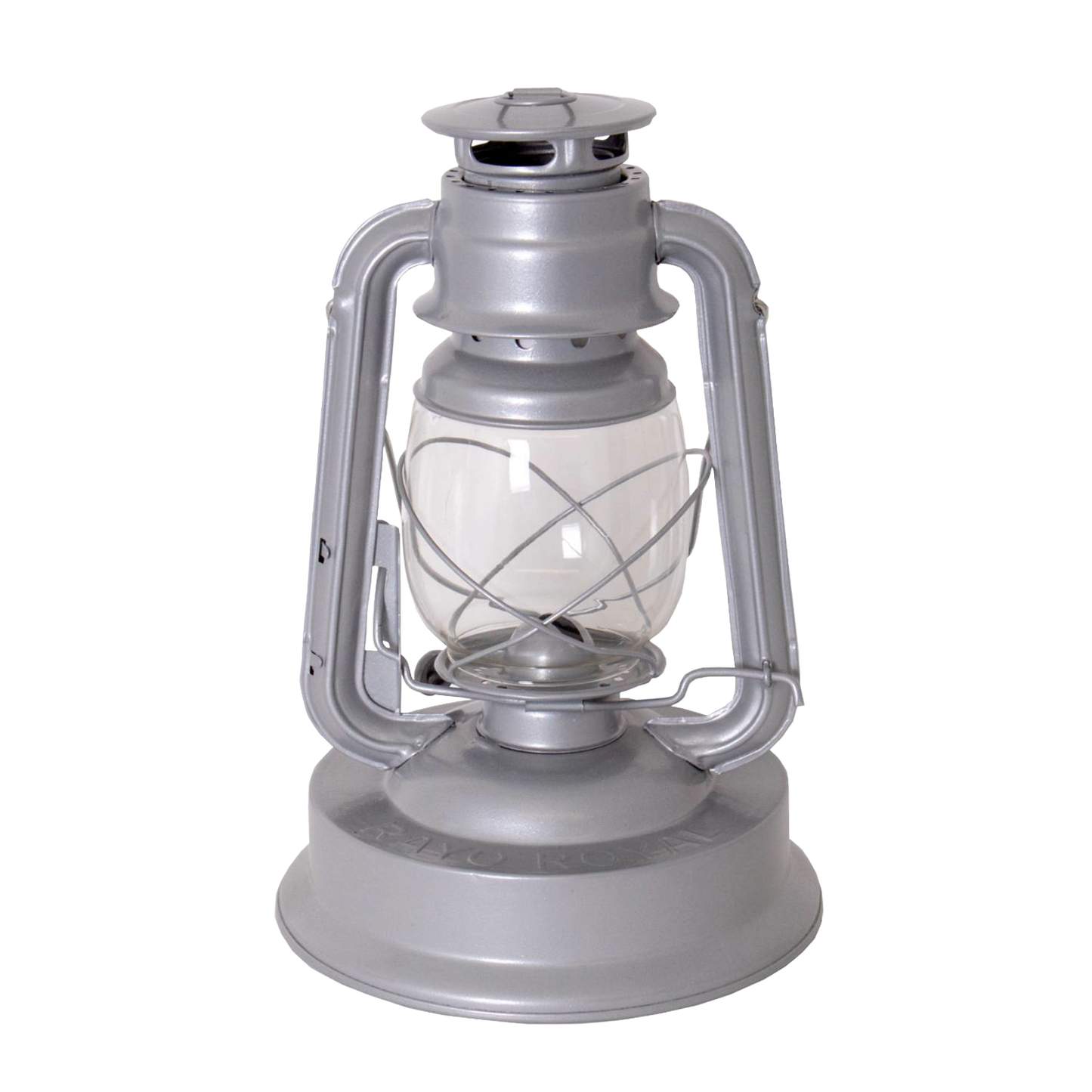 Handcrafted silver metal lantern with clear glass globe and protective wire frame, designed for bright, weather-resistant lighting in farm, garden, camping, and emergency supplies collections.