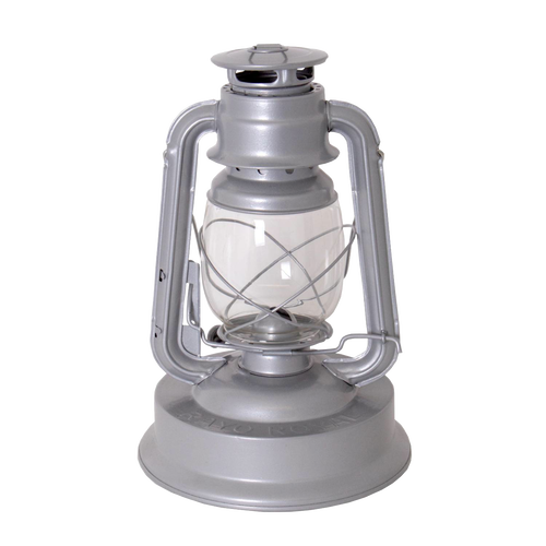 Handcrafted silver metal lantern with clear glass globe and protective wire frame, designed for bright, weather-resistant lighting in farm, garden, camping, and emergency supplies collections.