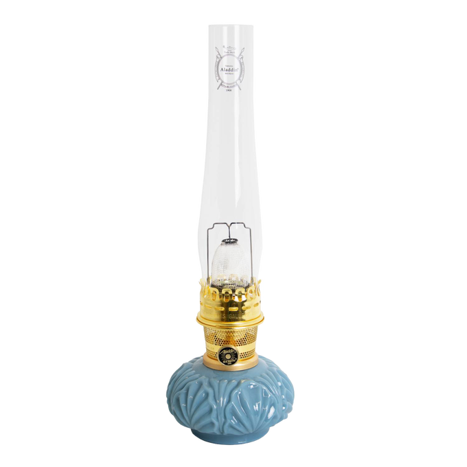 Handcrafted limited edition oil lamp with distinctive blue glass base, brass burner, and tall clear chimney, featured in Lamps & Lighting, Oil Lamps, Table Lamps, Best Sellers, and Promo Eligible collections.