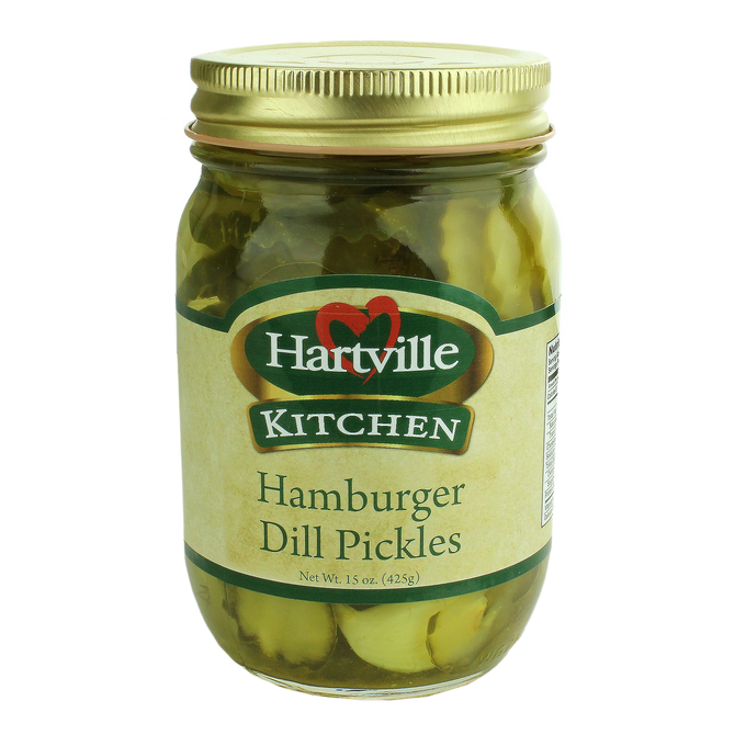 Glass jar of Hartville Kitchen brand hamburger dill pickles with gold metal lid, featured in Kitchen & Food and Best Sellers collections.